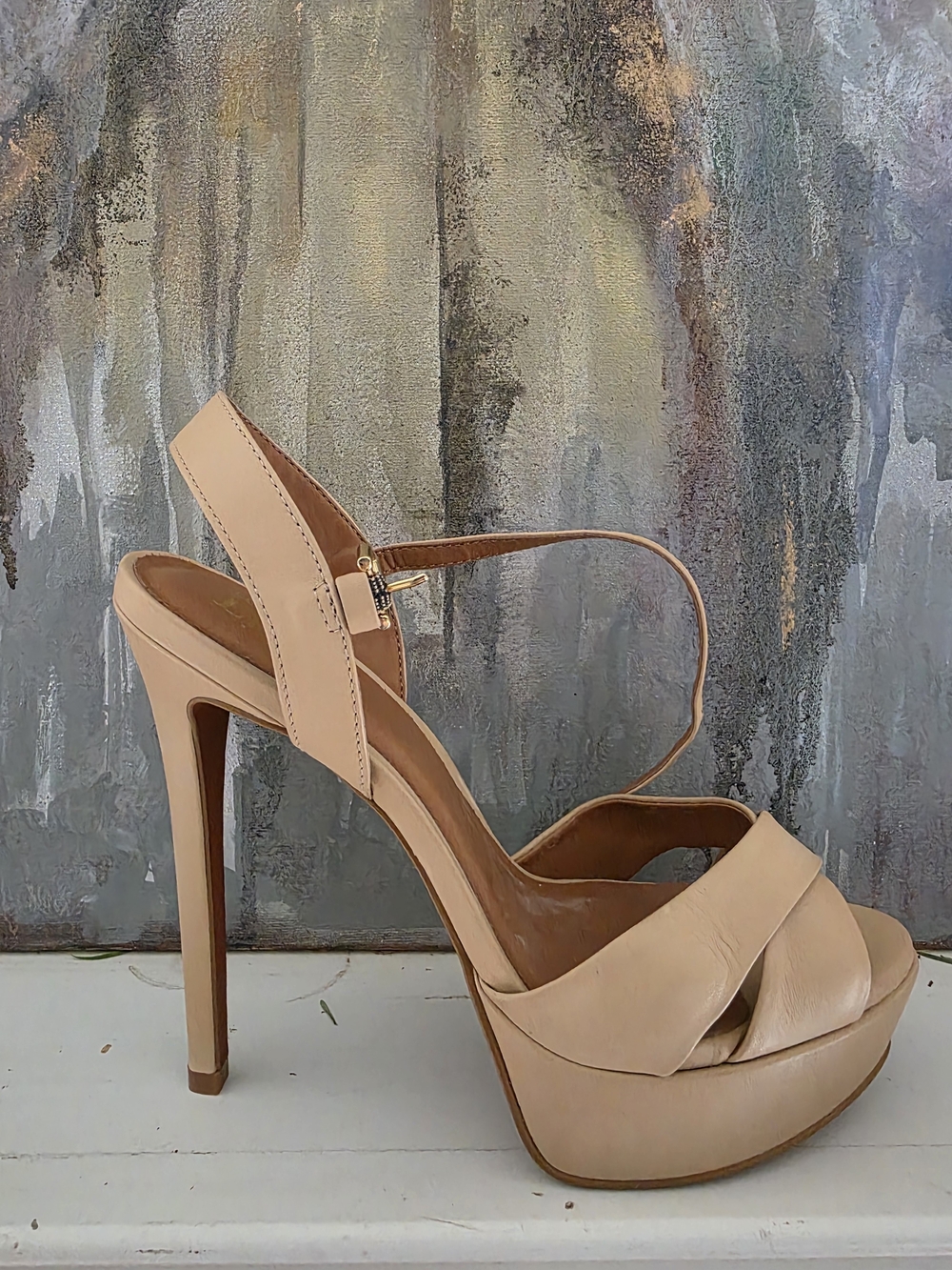 Le Chateau Genuine Leather Nude Platform Sling Back High Heel Sandals